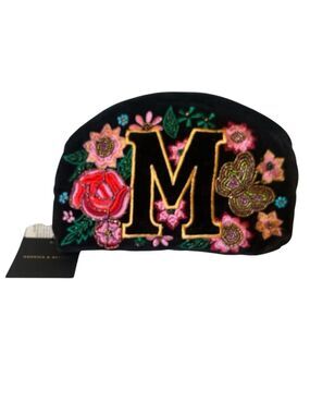 NWT America & Beyond M Initial Embellished Beaded Pouch Clutch Black Velvet